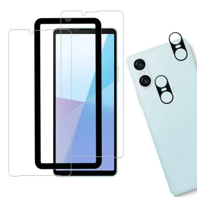 HUAKE 国産硝子素材製 対応 Xperia 10 VI SOG14 SO-52E 用 ガラスフィルム カメラフィルム 強化 ガラス 硬度9H 液晶 保護 フィルム レンズカバー【2枚+2枚+ガイド枠付き 】