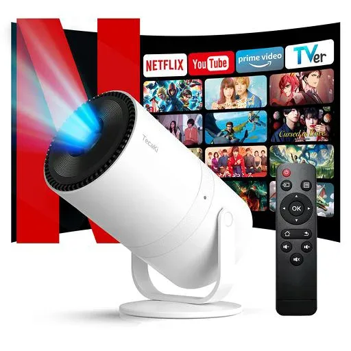 Tecaki プロジエクター 家庭用【Android TV搭載・自動台形補正・270°回転】 小型 1080P 天井投影 静音 4K対応 25000LM ホームプロジェクター Bluetooth5.4 HiFiスピーカー内蔵 Wifi6