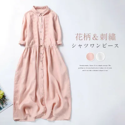 シャツワンピース 夏 春 秋 リネン 刺? ロング丈 ワンピース 7分袖 レディース チュニック 綿麻 膝丈 きれいめ コットン ロングシャツ ゆったり ワンピ シャツ 大きいサイズ