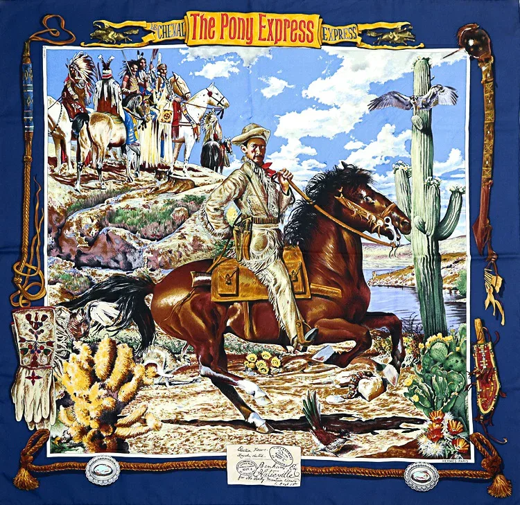 エルメス カレ90 大判スカーフ THE PONY EXPRESS ポニーエクスプレス 郵便社 ネイビー マルチカラー シルク100% HERMES 6530264m【中古】