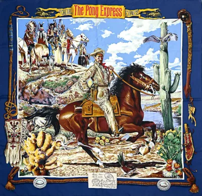 エルメス カレ90 大判スカーフ THE PONY EXPRESS ポニーエクスプレス 郵便社 ネイビー マルチカラー シルク100% HERMES 6530264m【中古】