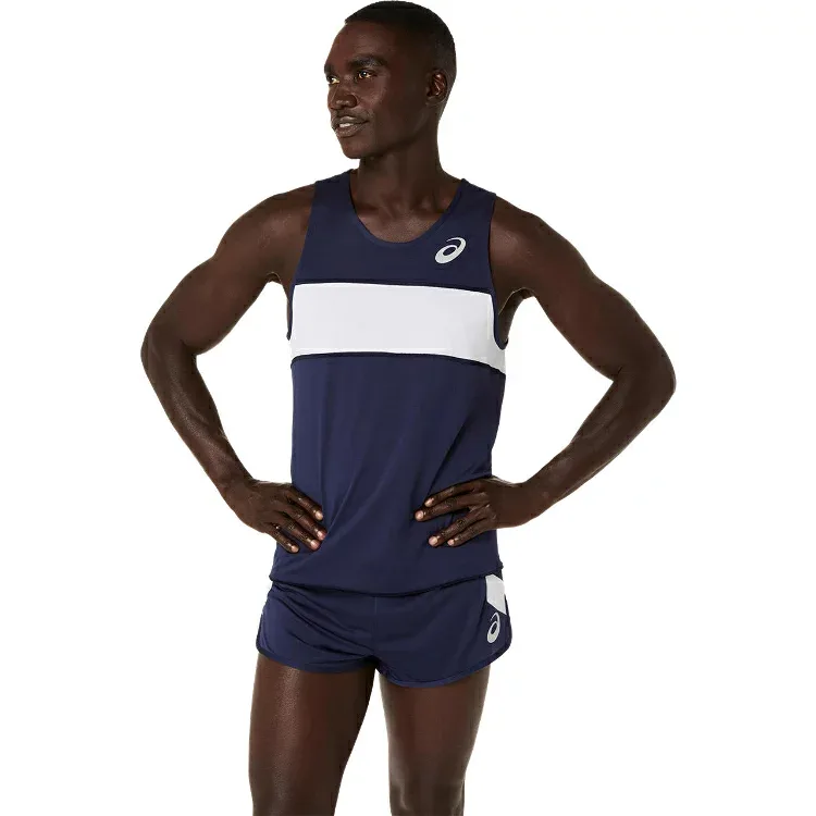 asics アシックス メンズランニングシャツ ネイビー M 2091A846 400 | スポーツ用品 スポーツウェア 陸上ウェア ランニングシャツ ウエア トップス ノースリーブ 陸上 ランニング マラソン 競技 練習 トレーニング 運動 吸汗速乾 ユニフォーム