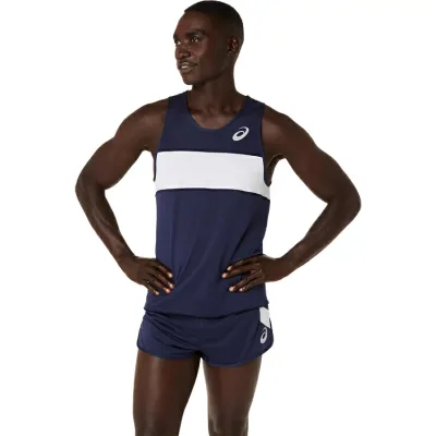 asics アシックス メンズランニングシャツ ネイビー M 2091A846 400 | スポーツ用品 スポーツウェア 陸上ウェア ランニングシャツ ウエア トップス ノースリーブ 陸上 ランニング マラソン 競技 練習 トレーニング 運動 吸汗速乾 ユニフォーム