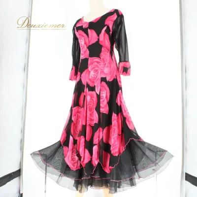 【中古】 社交ダンス 衣装 ドレス ワンピース スタンダード ブラック系 ピンク系 黒 レース 花柄 薔薇 バラ ダンスパーティー パーティドレス ステージ衣装 発表会 エレガント 上品 大人っぽい きれいめ 華やか シック かわいい レディース I023-2510122013522