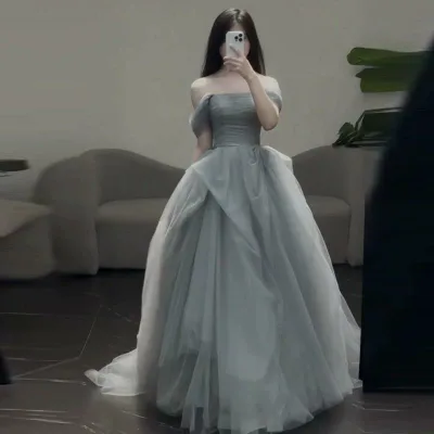 Party Dress, Women's, Off Shoulder, Long Length, Looks High, Luxury, Small Sleeves, Receptions, After-Parties, Concerts, Recitals, Piano Concert Dress, Tulle, Fluffy, Princess Line, Flare, A-Line, Body Covering, Large Size, Loose Fit, Covers Upper Arms, Slimming, Thin