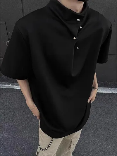 Tシャツ メンズ ブラック 中国風 肩パッド 短袖 夏用 不規則ボタン 韓国 トップス スタイリッシュ 軽量 吸湿速乾 通勤 普段使い カジュアル 半袖 トップス ブラック 夏