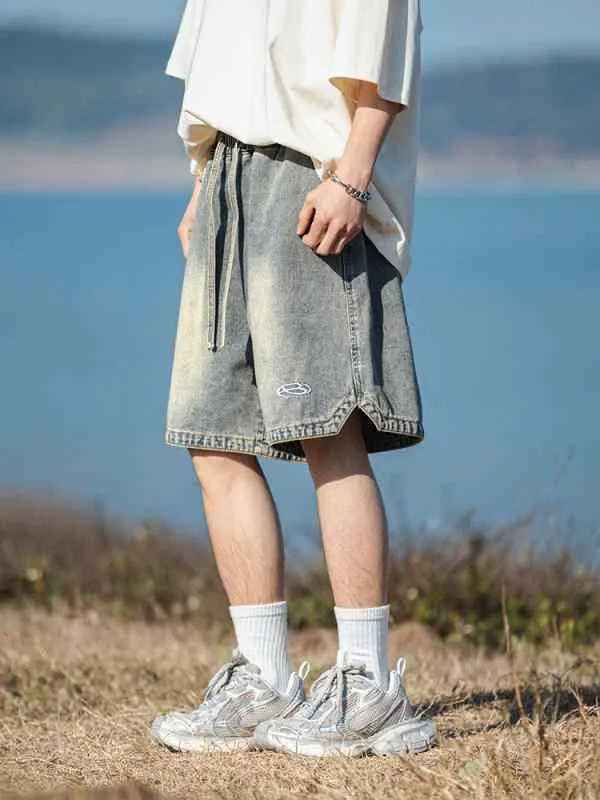 ショートパンツ メンズ 男性用 五分丈 デニム ジーパン ヴィンテージ加工 ウォッシュ加工 レトロ アメリカン カジュアル 刺繍入り 切り替えデザイン ゆったり 大きいサイズ 体型カバー 着痩せ 体系カバー プラスサイズ 普段使い アウトドア 休日 伸縮