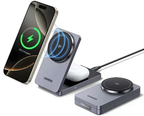 UGREEN MagFlow Qi2 ワイヤレス充電器 MagSafe充電スタンド 折り畳み マグセーフ充電器 最大15W高速出力 マグネット式 角度調整 合金質感 薄型軽量 iphone17/16/15/14/13/12シリーズ、AirPods Pro/ワイヤレス
