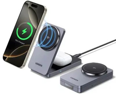 UGREEN MagFlow Qi2 ワイヤレス充電器 MagSafe充電スタンド 折り畳み マグセーフ充電器 最大15W高速出力 マグネット式 角度調整 合金質感 薄型軽量 iphone17/16/15/14/13/12シリーズ、AirPods Pro/ワイヤレス