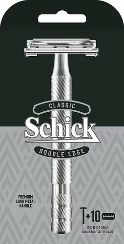 Schick(シック) クラシック ダブルエッジ 両刃 ホルダー(刃付き+替刃10コ入) シルバー メタル 髭剃り カミソリ 新モデル