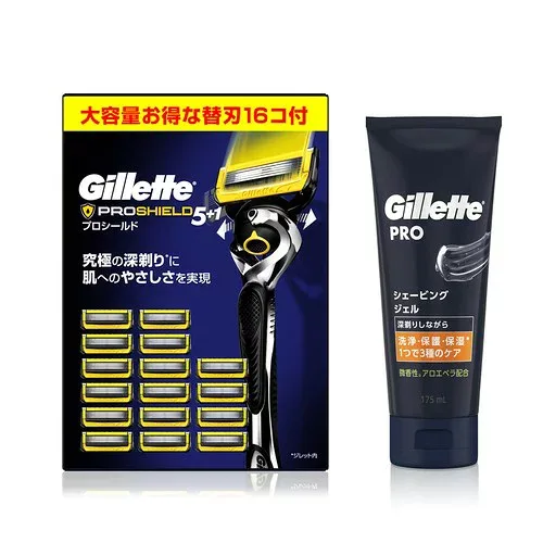 Gillette ジレット プロシールド 本体 替刃16個+シェービングジェル 175ml 髭剃り カミソリ 男性 メンズセット買い 本体+替刃16個+ジェル