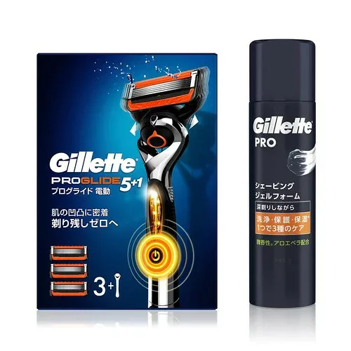 Gillette ジレット プログライド 電動 本体 替刃3個+シェービングジェルフォーム 195g 敏感肌用 髭剃り カミソリ 男性 メンズセット買い