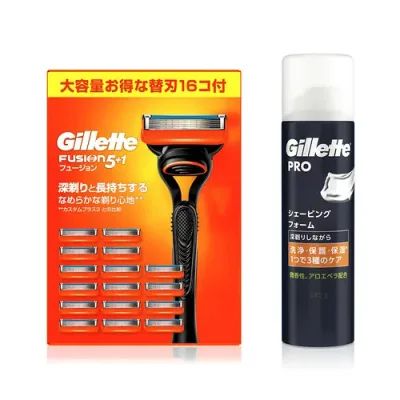 Gillette ジレット フュージョン 本体 替刃16個+シェービングフォーム 245g 髭剃り カミソリ 男性 メンズセット買い