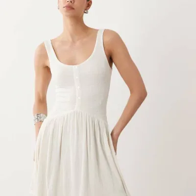 エイソス ASOS asos ASOS DESIGN クリンクルボタン付きミニドレス(クリーム色) ワンピース レディース 女性 インポートブランド 小さいサイズから大きいサイズまで