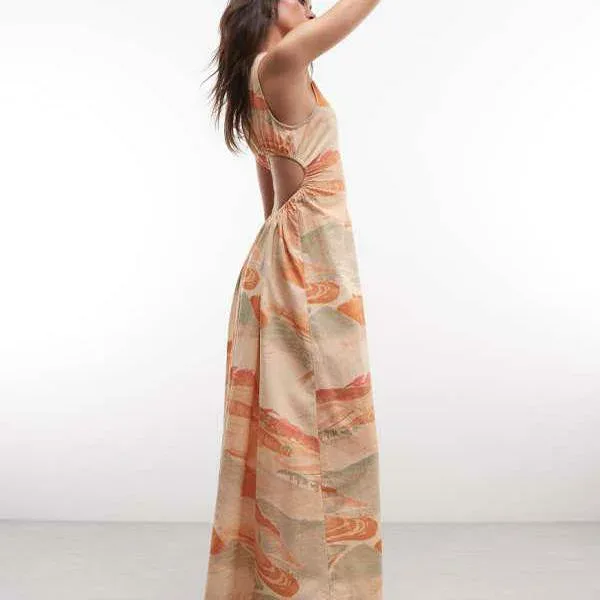 エイソス ASOS asos ASOS DESIGN コットンリネン製ウエストウエストマキシドレス(サンセットプリント) ワンピース レディース 女性 インポートブランド 小さいサイズから大きいサイズまで