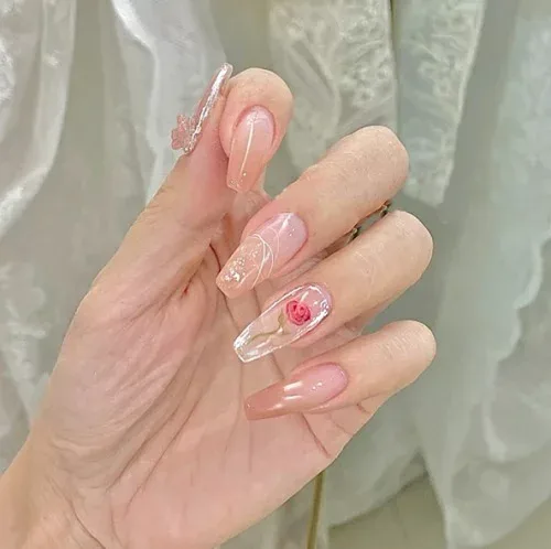 chip-006 ネイルチップ 薔薇 シアー感 ピンクベージュ 付け爪 綺麗 清楚 上品 クリア感 結婚式 イベント