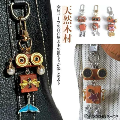 木製 ネックレス かわいい キーホルダー キーリング ロボット カラビナ 鍵 天然木材 ウッド 手作り ハンドメイド バッグチャーム ミニ ロボット