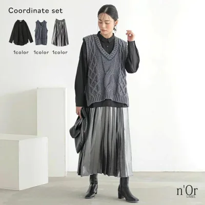冬 秋 ロングスカート ノースリーブ ボタンシャツ レディース ニットベスト プリーツスカート ブラウス シャツ 2026 Vネック 春 オシャレウォーカー 前開きシャツ 3点コーデセット 【メール便不可】【55】 トップス