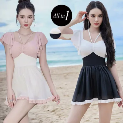 Summer Swimsuit Women's One Piece All in One Body Covering Stylish Cute Ruffles White Black Bicolor Sleeves Glossy