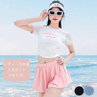 ピンク ブルー ブラック 体型カバー 水着 レディース ギャル 水陸両用 スイムウェア 2点セット 上下セット セパレート かわいい 着痩せ 大学生 オトナ女子 大きいサイズ ショートパンツ 20代 30代 おしゃれ 露出控えめ シンプル メッシュ 太もも お尻 お腹 カバーアップ