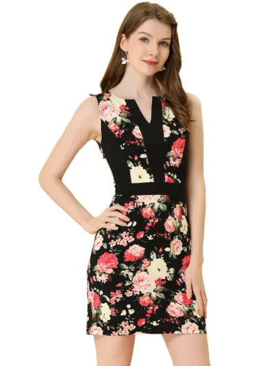 Allegra K 千鳥格子 タイトワンピース Vネック スリム ノースリーブ オフィス レディース ブラック 花柄 M
