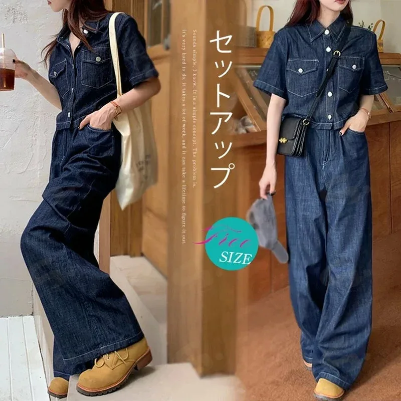 セットアップ デニム カーディガン レディース 春 夏 デニムシャツ 半袖 ロングパンツ ショート丈 ゆったり ワイドパンツ デニムパンツ ブラウス デニム シャツ お出かけ きれいめ カジュアル シンプル OL ストレッチ 通勤