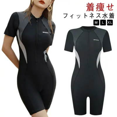 練習用 競泳用 フィットネス レディース フィットネス水着 オールインワン 水着 女性 着痩せ スイミング 体型カバー 運動用 プール 競泳水着 お洒落 ジム 海水浴 プール 半袖 30代 40代 50代 スイムウェア 水泳 フィットネス水着 めくれ防止 配色 かわいい ブラック 黒