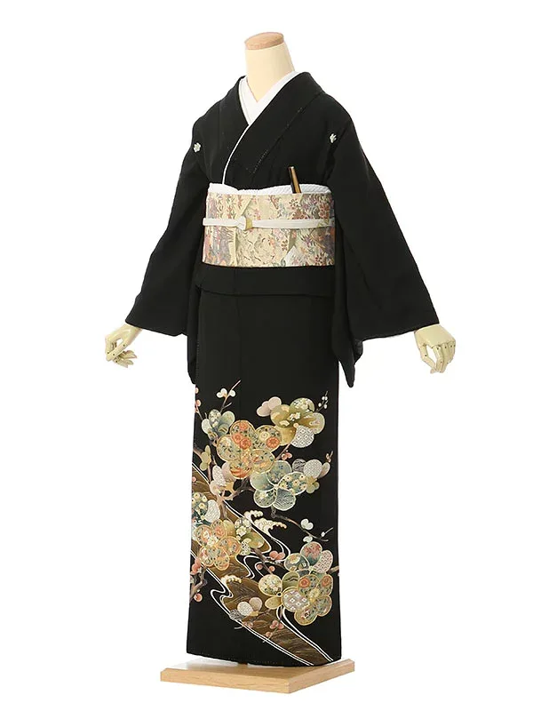 【レンタル】留袖 レンタル フルセット Mサイズ 150cm〜159cm 13号まで 黒留袖 レンタル 50代 60代 末広付 結婚式 母親 和服 列席 親族 着物 送料無料 新品足袋プレゼント 小物一式付 草履バッグセット付 五つ紋 五三桐 結婚式 正装 和服 お値打ち 仲人 4A1098