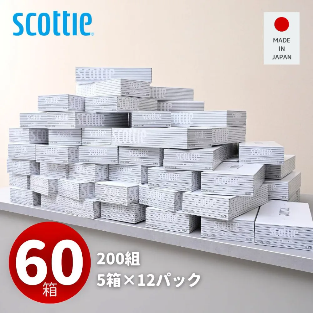 スコッティ ティッシュペーパー 200組5箱×12パック(60箱) ティシュペーパー まとめ買い ケース販売 ボックスティッシュ 日用品 ティッシュ 日本製紙クレシア 【送料無料】