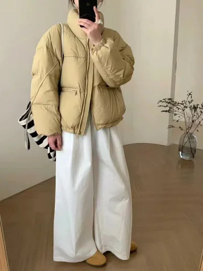 ダウンジャケット レディース ショート丈 秋冬 スタンドカラー 白ダックダウン 小柄 学生 パン服 暖かい アウター 防寒着