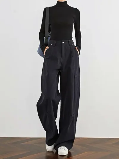 パンツ レディース 高身長 ワイドパンツ 綿100% ハイウエスト 着痩せ 紺色 春秋 リラックス ゆったり ズボン カジュアル スラックス