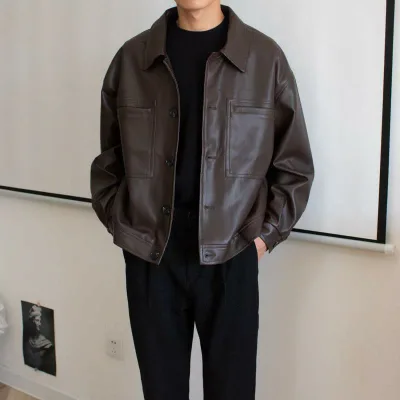 革ジャン メンズ レザージャケット 男性用 バイク アウター ショート丈 PUレザー 襟付き シングル カジュアル ゆったり 黒 ブラック ブラウン 春秋
