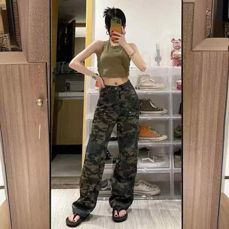 デニム レディース 迷彩柄 カーゴパンツ ワイドパンツ ゆったり ストリート系 高見え ミリタリーグリーン 春秋
