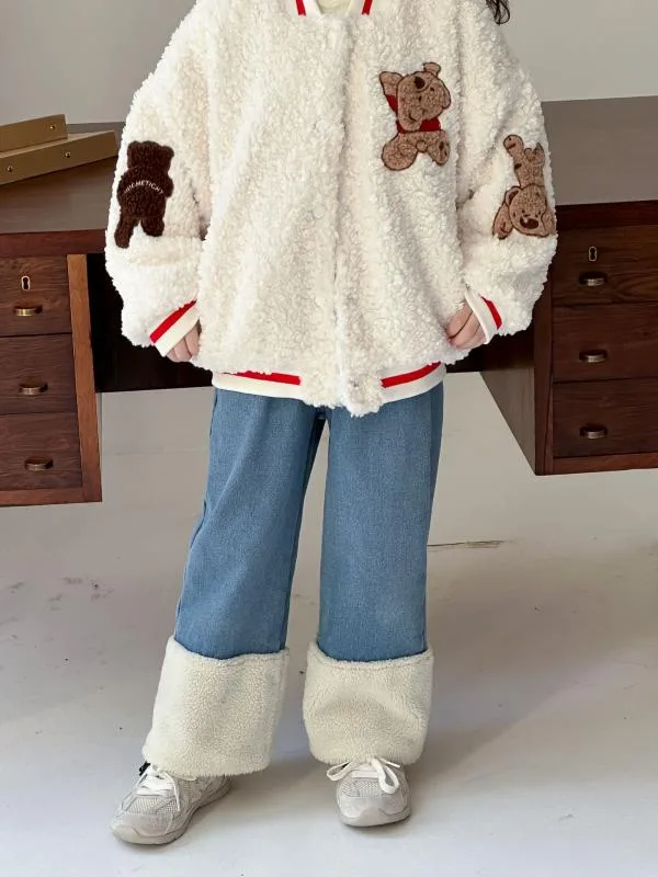 子供服 女の子 裏起毛 デニム ワイドパンツ ズボン キッズ 中小 बच्चों 冬 暖か ジーンズ ボトムス パンツ