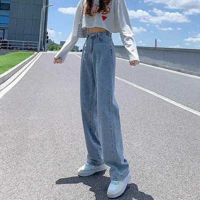 ジーンズ レディース ワイドレッグ デニムパンツ ハイウエスト ストレート ゆったり かわいい 韓国ファッション 綿 ウォッシュ加工 ジーパン ズボン ボトムス