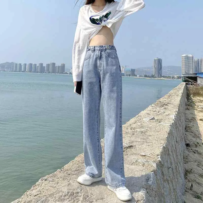 ジーンズ レディース ハイウエスト ワイドレッグ デニム パンツ ジーパン 綿 ゆったり ストレート 美脚 体型カバー カジュアル 薄色 長ズボン