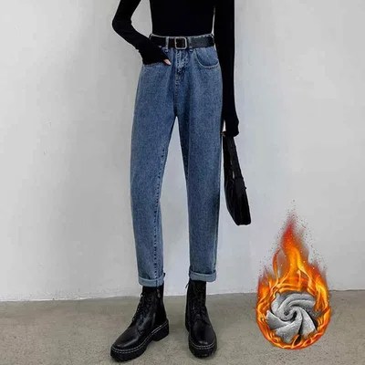 ジーンズ レディース 高腰 ストレート 暖か裏起毛 デニムパンツ ジーパン ズボン ゆったり 体型カバー 美脚 ヴィンテージ風 レトロ 通勤 通学 黒 ブラック ブルー