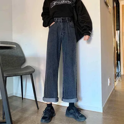 デニム レディース ハイウエスト ワイドレッグ ズボン パンツ 黒 グレー ゆったり ストレート ストレッチ 美脚 脚長効果 ウォッシュ加工 カジュアル スタイル