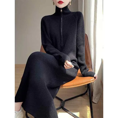 ニットワンピース レディース Vネック 長袖 ひざ丈 ミモレ丈 Aライン 伸縮性 体型カバー ゆったり 厚手 秋冬 カジュアル 通勤 オフィス 白色 黒色 オレンジ色 グレー S M L XL