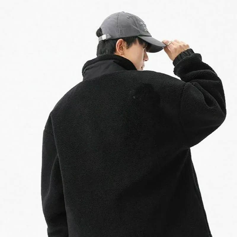 コート メンズ 男性用 秋冬 シーズン 防寒 アウター 羊毛 ポリエステル 混紡 ふわふわ 厚手 無地 ジップアップ M L XL XXL 3XL 4XL ネイビーブルー ブラック グレー ライトブルー
