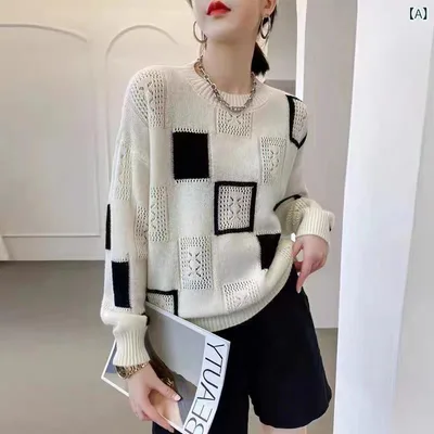 ニット レディース 秋冬 長袖 黒 白 配色 チェック柄 ゆったり ラウンドネック プルオーバー トップス 幾何学模様 エレガント 接触冷感