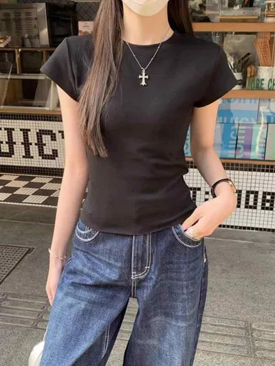 Tシャツ レディース 半袖 スリムフィット 無地 ラウンドネック ポリエステル トップス 通勤着 普段使い 韓国風 きれいめ ブラック ホワイト