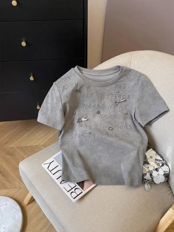 Tシャツ レディース 半袖 カットソー スリム 韓国風 ラウンドネック トップス コットン レタープリント 春夏
