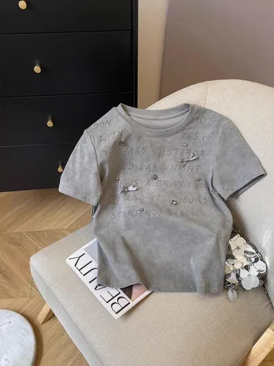 Tシャツ レディース 半袖 カットソー スリム 韓国風 ラウンドネック トップス コットン レタープリント 春夏