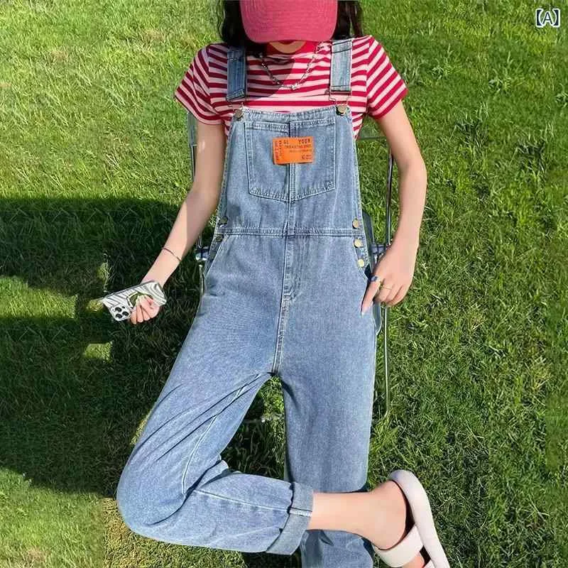Denim Women's Overalls High Visibility Wide Leg Long Pants Loose Body Covering Casual Blue Denim Pants High Waist Pockets