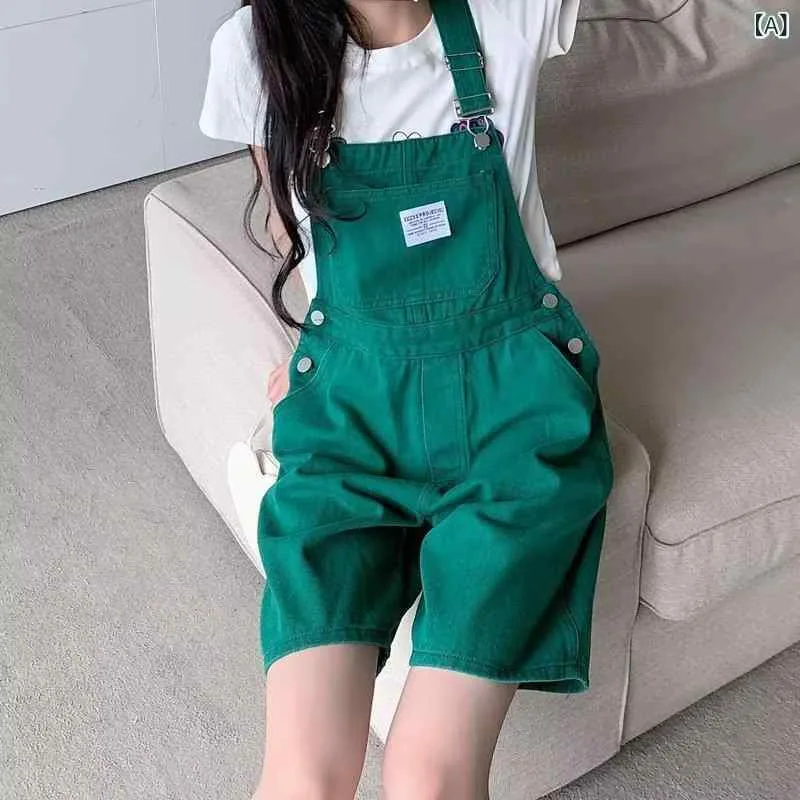 オーバーオール レディース デニム ショートパンツ 春夏 かわいい 高見え 高身長 小柄 ゆったり 短パン 切り替え ショーパン ジーンズ 緑