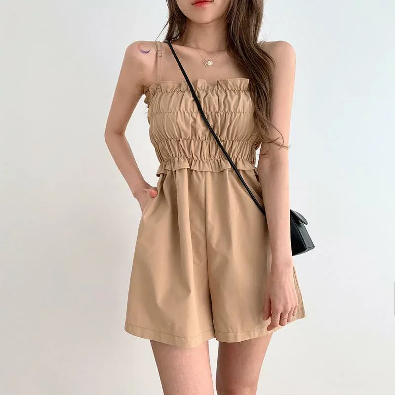 レディース 吊り帯 ワンピース ショートパンツ 連体服 夏 春夏 韓国風 シンプル プリーツ ウエスト切り替え 膝上丈 ブラック ベージュ ゆったりシルエット 軽量 快適 普段使い 伸縮性 吸湿速乾 通勤 カジュアル