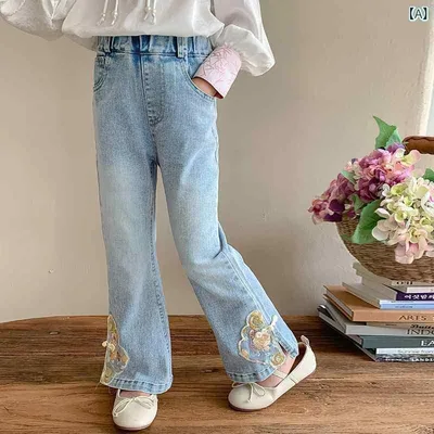女児 デニムパンツ キッズ 女の子 コットン 長ズボン 秋 春 ランバーパンツ ゆったり かわいい ブルー 伸縮性 柔らかい 生地 普段使い 動きやすい 田園 プリンセス ストリート スタイル