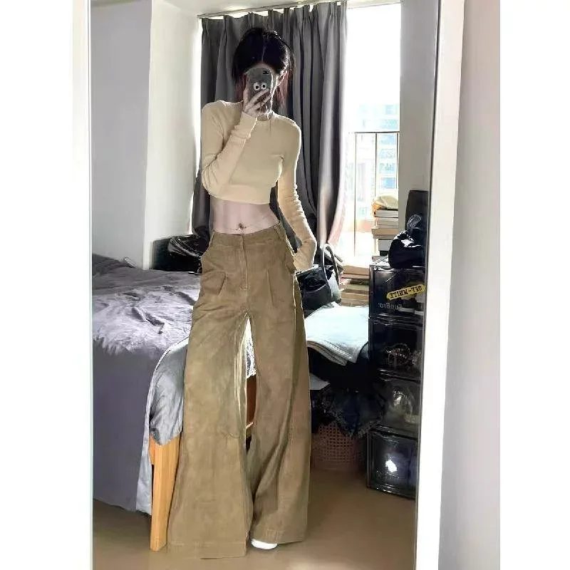 ワイドパンツ 女性用 春夏 ベージュ デニム コットン混 ハイウエスト ゆったりシルエット ロング丈 ドラッグスタイル 気質通勤 普段使い 洗い加工 中厚 フレアタイプ 韓国風 リラックス スタイル ストレッチなし 切り替えデザイン