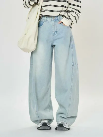 レディース デニムパンツ 春夏 韓国風 復古 ステッチ 切り替え ハイウエスト ワイドレッグ ロングパンツ 浅色 ライトブルー 綿混 ポリエステル混 微弾性 軽量 伸縮性 日常使い 普段着 カジュアルスタイル ルームウェア アウトドア ビッグシルエット